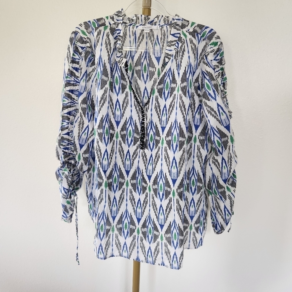 Chicos 3 Ramie Top 40th Anniversary Print 3/4 Sleeve Button Front Size XL NWT
